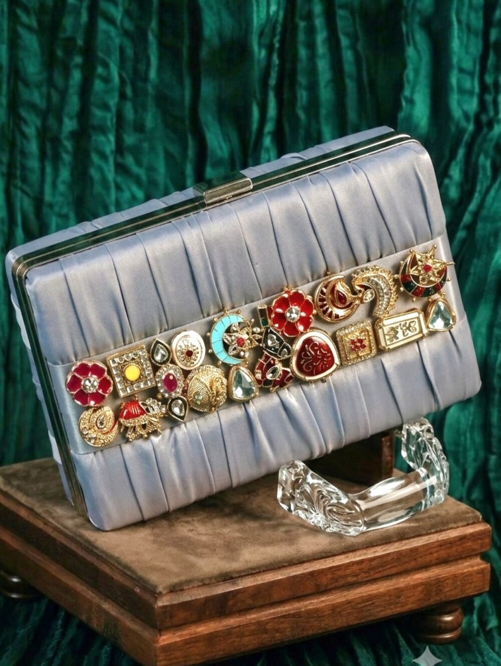 Embellished Satin Box Clutch in Light Silver with Multicolor Gem Accents